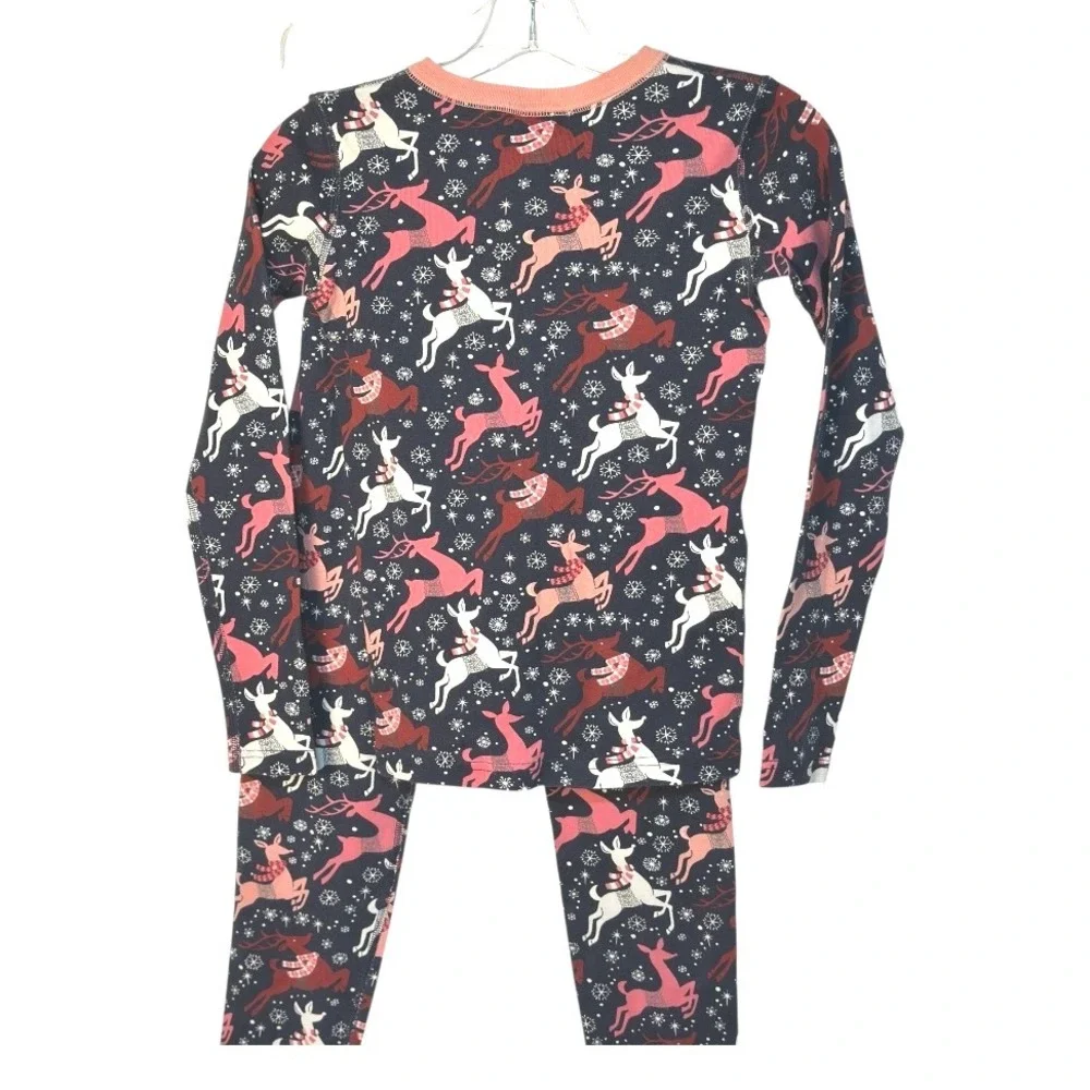 Hanna‎ Anderson Organic Cotton Kids Pajamas Set Reindeer Print Blue Pink Size 12